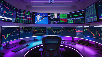 This high-resolution image captures a modern, high-tech trading room setup that doubles as a gaming workstation. The sleek black desk features four curved monitors