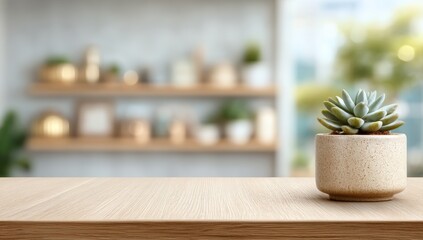 A small potted succulent sits on a wooden table with blurred shelves and decor in the background.