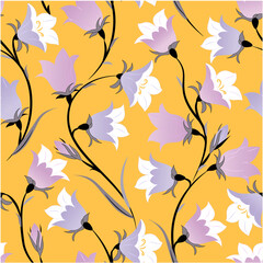 Abstract drawn flowers on yellow background. Seamless vector drawing. Vintage print with small bells. Retro textile collection.