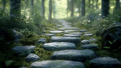 A stone path winds through the lush forest, moss-covered stones lining the way