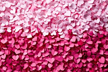 A vibrant assortment of heart-shaped cutouts in various shades of red and pink scattered across a white background. perfect for romantic occasions or craft projects