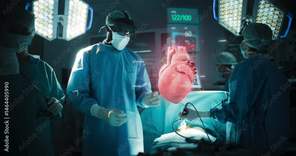 Aufkleber Focused Team and Black Male Surgeon Follow Guidance Provided by Augmented Reality Software. Technology Assists in Precise Heart Trauma Location Without Damaging Healthy Tissue and Organs