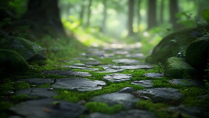 Fototapeta premium A stone path winds through the lush forest, moss-covered stones lining the way