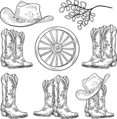 Vector Western set. Hand-drawn rodeo theme design. Countryside cowboy boots illustration. Farmhouse rustic clipart. Wild West.