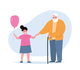 Elderly grandfather holding hand of girl with balloon. Happy family, different generations spend time together. Vector flat graphics.