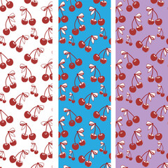 cute coquette pattern seamless red cherries with ribbon bow isolated on white background