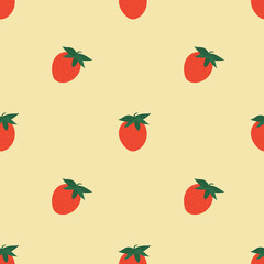 Seamless strawberry pattern with red berries on light yellow background, minimal fruit design