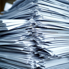 In this close-up photograph, a substantial pile of paper documents takes center stage, showcasing the overwhelming nature of paperwork The stack consists of numerous sheets of paper, creating a