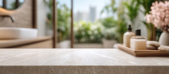Modern bathroom countertop with spa accessories, plants, and natural light creating a relaxing, fresh atmosphere.