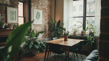 Fototapeta premium Minimalist home interior with wood table, black chairs, and plants