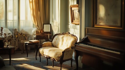 Interior antique living room with sunlight and vintage piano.