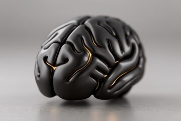 Creative representation of a glossy black brain sculpture with luminous golden highlights showcasing intricate neural pathways emphasizing artificial intelligence and cognitive innovation