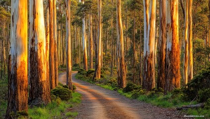 Golden Light Filtering Through Eucalyptus Forest