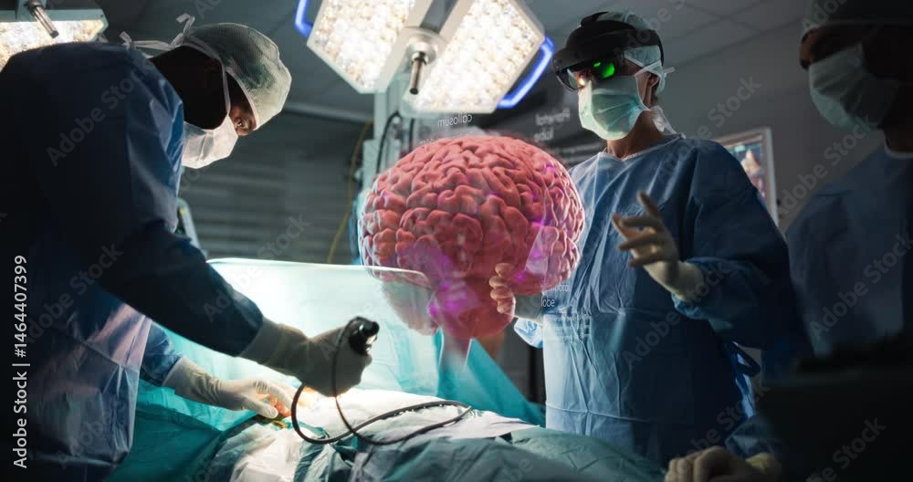 Poster Team of Surgeons Performing an Operation. Female Consults the Augmented Reality Display that Projects a 3D Model of Patient's Brain. Headset Helps to Visualize Placement for Surgical Instruments
