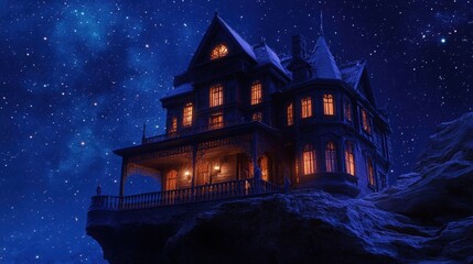 Fototapeta premium Mysterious mansion perched atop a rocky peak under a starry night sky.