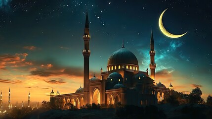 A serene night view of a grand mosque illuminated under a crescent moon. with twinkling stars in the sky and a calm reflection on the water. evoking a sense of peace and spirituality