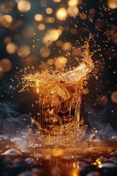 Whiskey Splash with Ice Cubes and Golden Bokeh Background for Cocktails