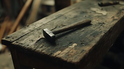 A worn, aged wooden workbench with a hammer resting upon it.