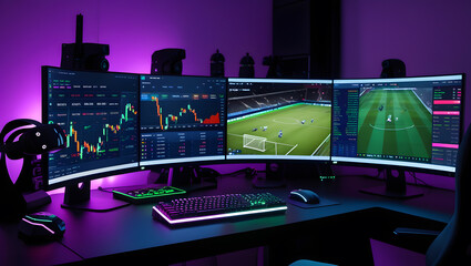 This high-resolution image captures a modern, high-tech trading room setup that doubles as a gaming workstation. The sleek black desk features four curved monitors