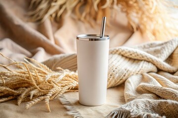 Boho Travel Tumbler Mockup: Beige Background, Straw, High Depth of Field