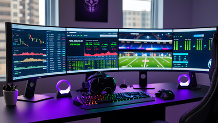 This high-resolution image captures a modern, high-tech trading room setup that doubles as a gaming workstation. The sleek black desk features four curved monitors
