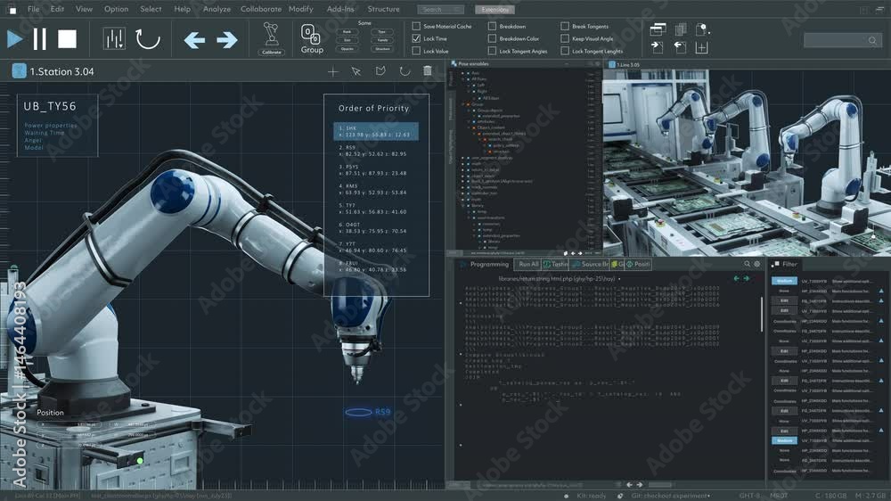 Poster Robot Arm Factory Production Manufacturing Software Mockup User Interface. Screen Replacement Software with Moving Robotic Arm Production Process. Technological Research and Development