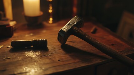 A dark, dimly lit table displaying a heavy hammer and metal tools.