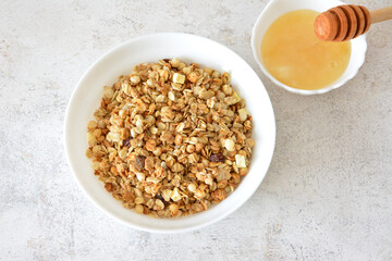 Granola Breakfast with Honey flat lay