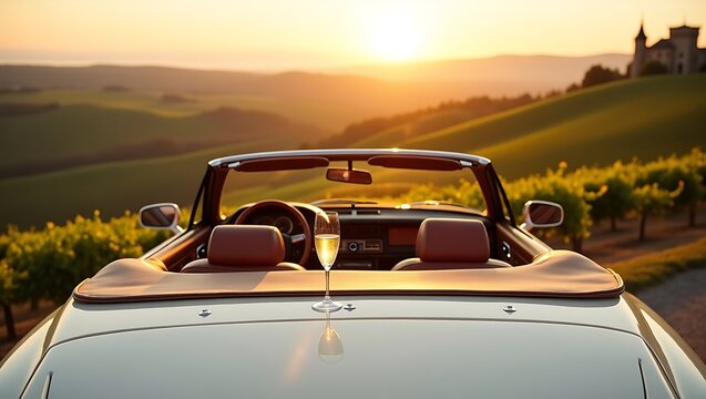 Fototapeta Champagne Toast in a Classic Convertible at Sunset Over Rolling Hills
