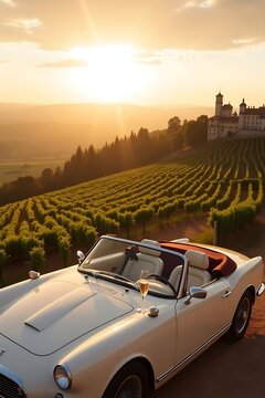 Fototapeta Classic Convertible Car at Sunset Over Vineyard and Castle