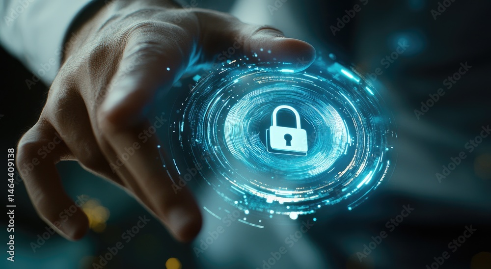 Poster a business professional interacting with a digital security lock interface. symbolizing cybersecurit