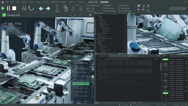 Computer Monitor Screen Replacement Template with 3D Software User Interface with Animated Digital Robotic Arm Operation Tool. Concept of Technological Research, Development, Production at a Factory

