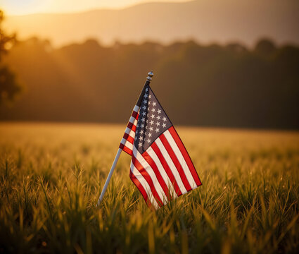 American Flag in Field at Sunset – Patriotic Rural USA Landscape Scene