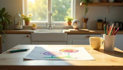 Children's artwork displayed, sunlit kitchen table, content, growth