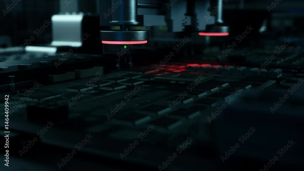 Poster Industrial Robots Producing Circuit Boards on a Conveyor Belt, Implementing Electronic Components. Automation Without Technicians and Engineers in a Futuristic Manufacturing Facility