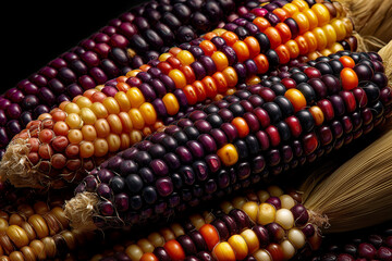 Angled view of heirloom corn varieties showing multicolored kernels (purple, red, yellow patterns), partially husked, isolated on transparent background, professional product photography
