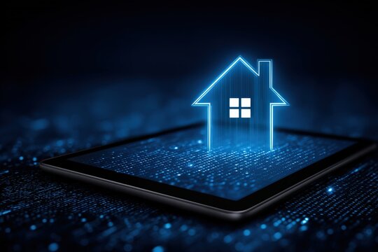 Digital home concept emerging from tablet technology in a futuristic virtual environment showcasing innovation and smart living solutions captured with clarity