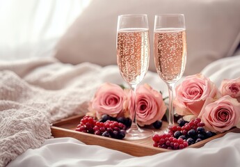 Romantic Setting with Two Flutes of Sparkling Wine Surrounded by Pink Roses and Fresh Berries on a Cozy Bed in Soft Morning Light