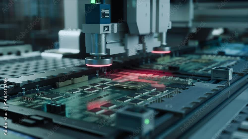 Poster PCB Printing and Prototyping Machine with Robotic Arm Producing Computer Components, Fabricating Circuit Boards with Microchips. Futuristic AI Manufacturing with the Help of Robotics
