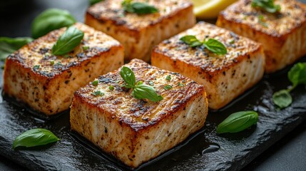 Crispy pan-seared salmon fillets, seasoned and garnished with fresh basil, served on a dark stone slate