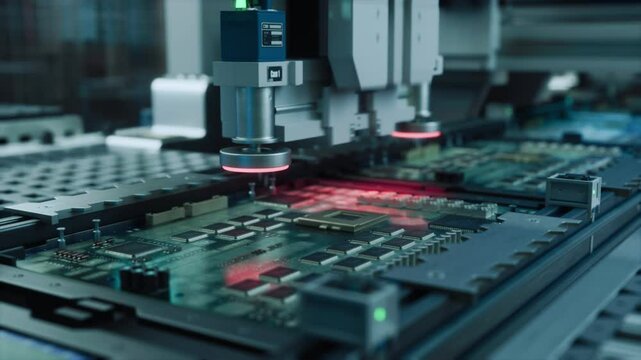 PCB Printing and Prototyping Machine with Robotic Arm Producing Computer Components, Fabricating Circuit Boards with Microchips. Futuristic AI Manufacturing with the Help of Robotics