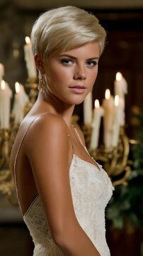 Portrait of a fair-skinned woman with blonde pixie cut and blue eyes wearing a white lace dress in candlelight, golden chandelier, luxurious background