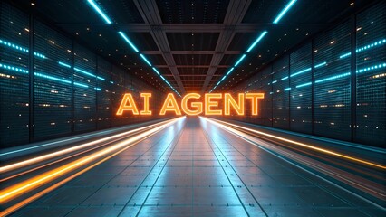 Fototapeta premium An AI Agent Hologram Projected in Futuristic LED Environments Representing Autonomous Intelligence, Digital Collaboration, and High-Tech Virtual Systems