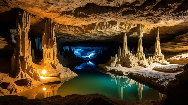 stalagmites and stalactites underground in cosmic cave cavern Arkansas Eureka Springs
