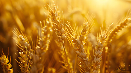 close-up of wheat ears with pre-sunset lighting, wheat background