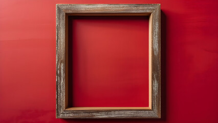 Rectangular Wooden Photo Frame Centered on a Red Background