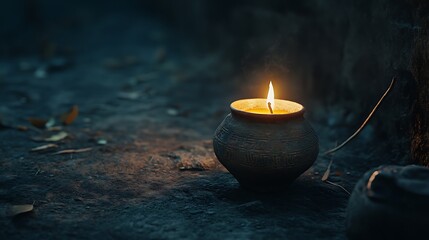 A dark scene illuminated by a single candle in a clay vessel.