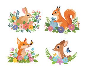 Forest animals in flowers