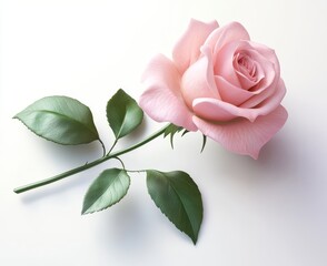 Fototapeta premium Soft pink rose with delicate petals and lush green leaves on a clean white background, perfect for floral themes and romantic occasions.
