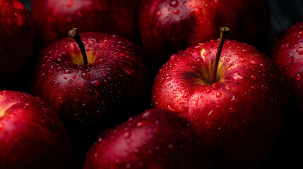 Fresh red apples glistening with water droplets, a vibrant close-up of nature's crisp sweetness